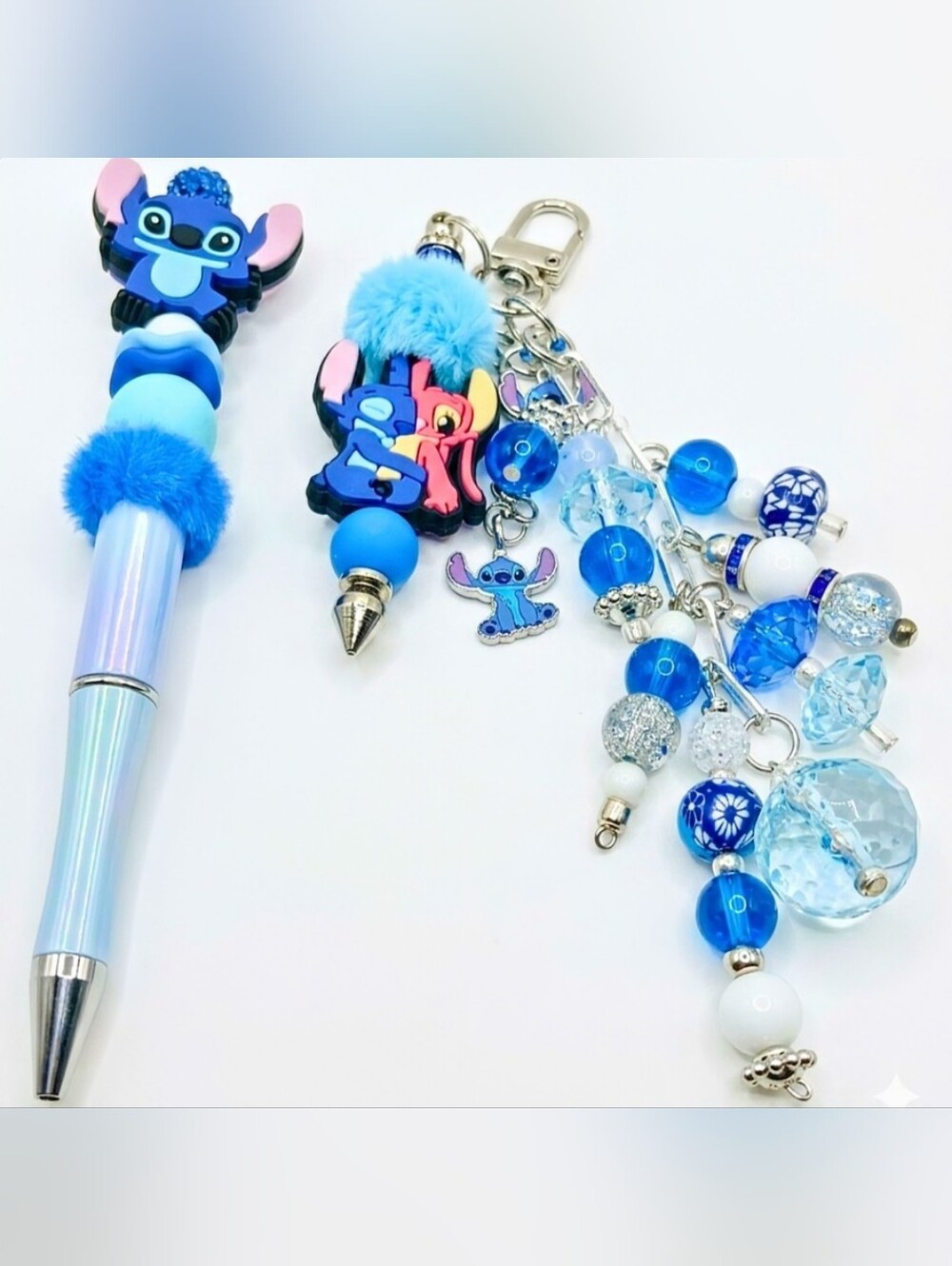 Handcrafted Disney Lilo & Stitch Blue Beaded Fur Pen & Chunky Bag Charm Keychain - Picture 1 of 1